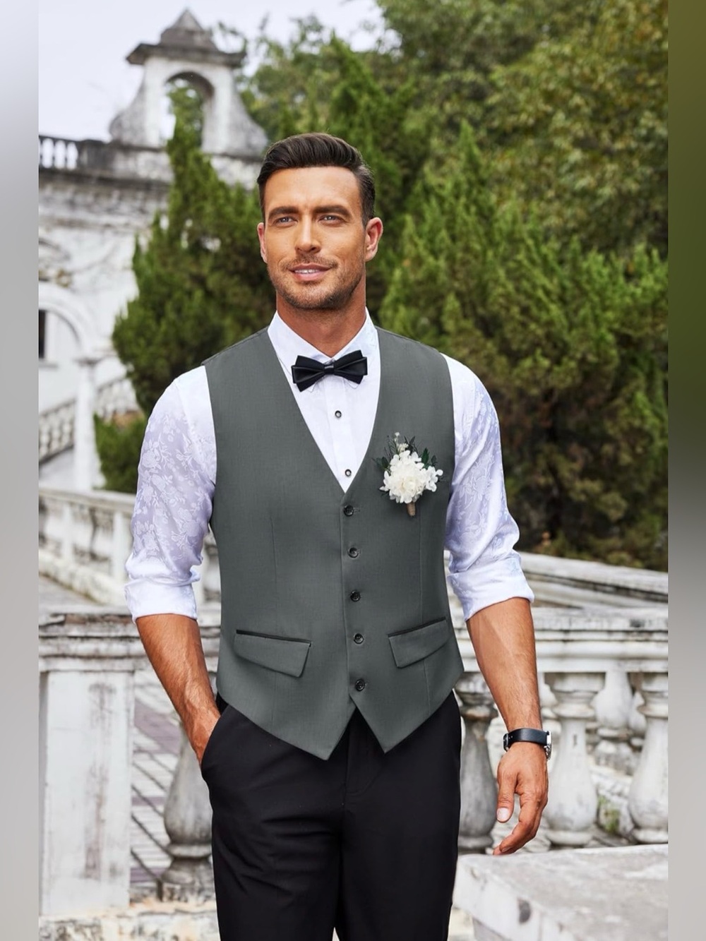 Men's Olive Gray Formal Waistcoat Vest - Elegant Wedding Waistcoat